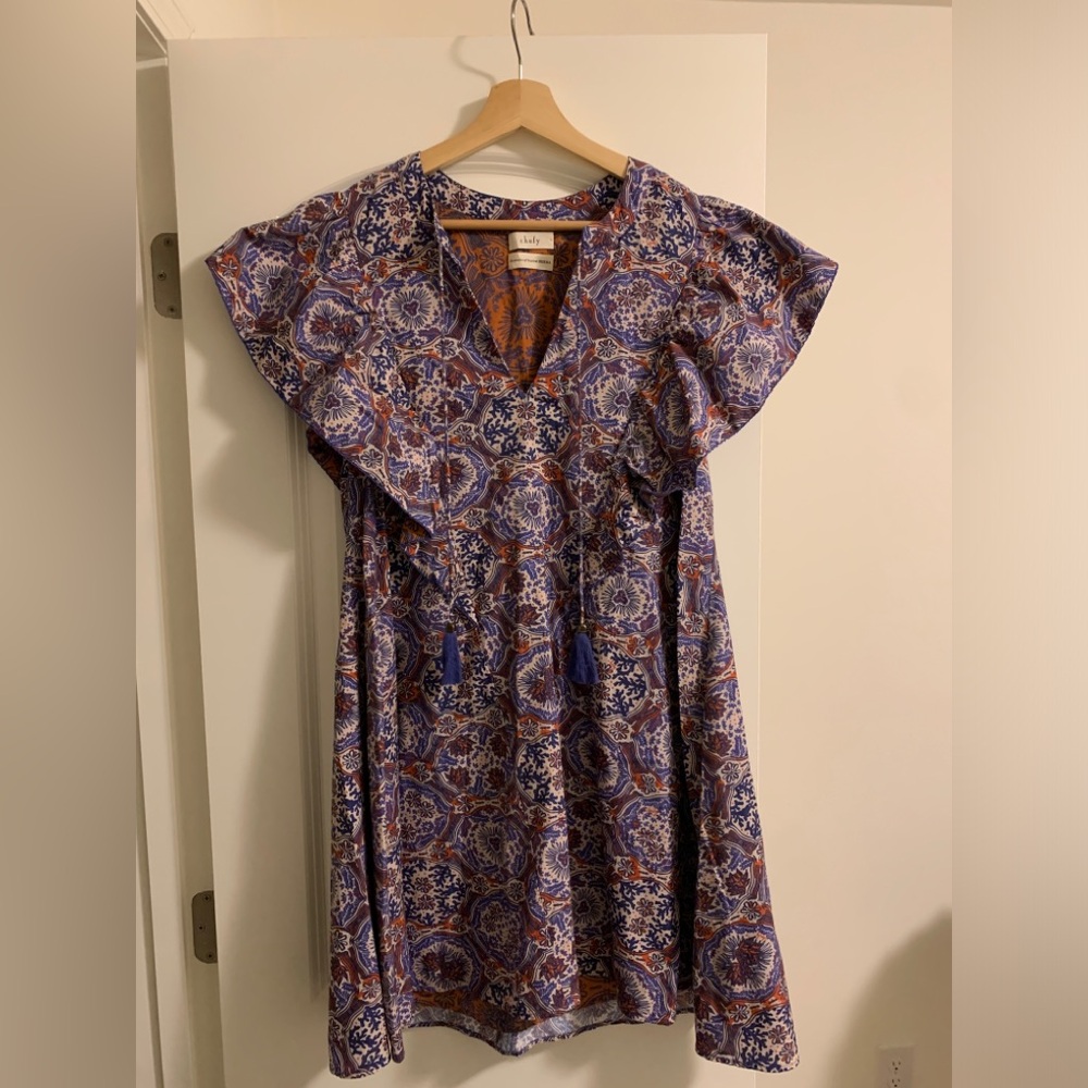 Chufy “Memories of Ancient Burma” Women’s S Dress Cotton Silk Blue Red